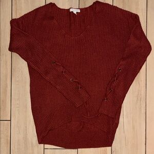 Moral Fiber Rust V-Neck Sweater with Lace-Up Sleeves